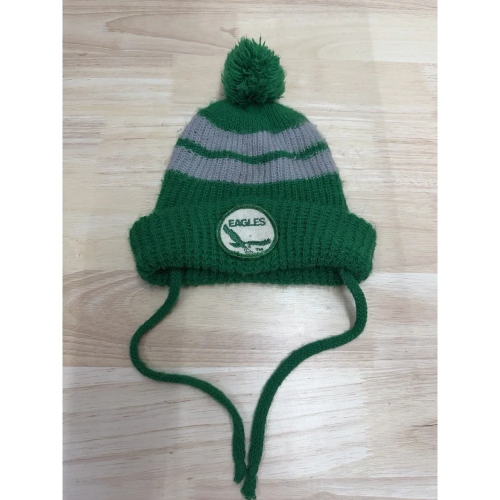 Vintage 80s Philadelphia Eagles Youth Baby Toddler Knit Beanie Hat Kelly Green
